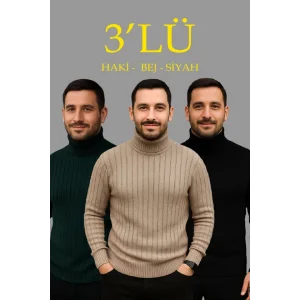 Erkek Fitilli Triko Kazak 3lÜ Set Bej Haki Siyah Regular Balıkcı Yaka Tam Boğazlı Triko Seti Modeli Kazak