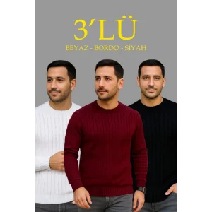 Erkek Fitilli Triko Kazak 3lü Set Beyaz Bordo Siyah Regular Fit Bisiklet Yaka Triko Seti
