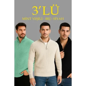 Erkek Fitilli Triko Kazak 3’lü Set – Mint Yeşili, Siyah, Bej Kalın Dokuma Pamuklu Regular Fit V Yaka Fermuarlı Uzun Kollu Rahat Kışlık Kazak Kombini