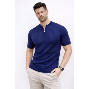 Erkek Kısa Kol Fitilli Triko T-Shirt Yazlık Hakim Yaka Tişört - Lacivert