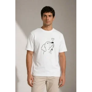 Erkek Köpek Figürlü Minimal Baskılı Tişört Kısa Kol Yazlık T-Shirt - Beyaz