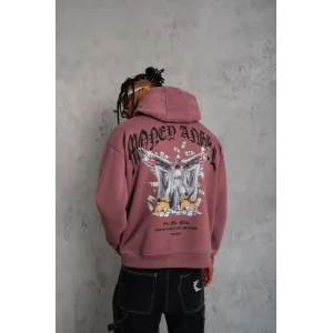Erkek Kordon İpli Baskılı Kapüşonlu Sweatshirt - Gül Kurusu