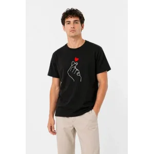 Erkek Kore Parmak Kalp Aşk Temalı Minimal Baskılı Tişört Yazlık Kısa Kol T-Shirt - Siyah