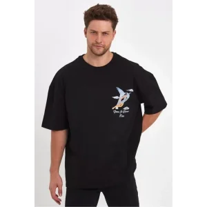 Erkek Melek Baskılı Oversize T-shirt - Siyah