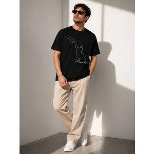 Erkek Minimal Kedi Çizim Baskılı Tişört Kısa Kol Yazlık T-Shirt - Siyah