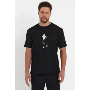 Erkek Nihilist Penguen Temalı Oversize Bisiklet Yaka Tişört - Siyah