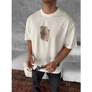 Erkek Ön Ve Arka Baskılı Oversize Bisiklet Yaka T-shirt - Beyaz