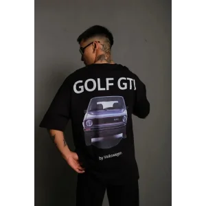 Erkek Oversize Baskılı Tişört – Golf GTI Retro Araba Desenli, Ön - Arka Dijital Baskı, Sokak Modası Stil - Siyah