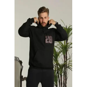Erkek Oversize Üç İplik Kapüşonlu Sweatshirt –Sırt Ve Ön Baskılı, Kanguru Cepli, Rahat Kalıp Maskot Desenli Model - Siyah