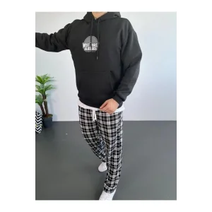 Erkek Oversize Üç İplik Kapüşonlu Sweatshirt – Siyah Sırt Ve Ön Baskılı, Kanguru Cepli, Rahat Kalıp, İçi Pamuklu ModeL-Siyah