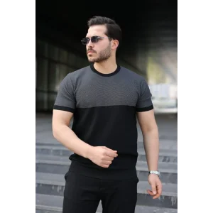 Erkek Renk Bloklu Bisiklet Yaka Kısa Kollu Triko Tişört