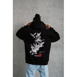Erkek Şapkalı Güvercin Baskılı Kapşonlu Sweat - Siyah