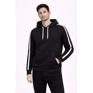 Erkek Şeritli Kapüşonlu Sweatshirt Oversize 3 Iplik Pamuklu - Siyah