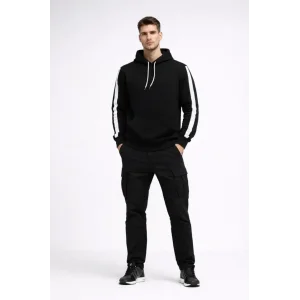 Erkek Şeritli Kapüşonlu Sweatshirt Oversize 3 Iplik Pamuklu - Siyah