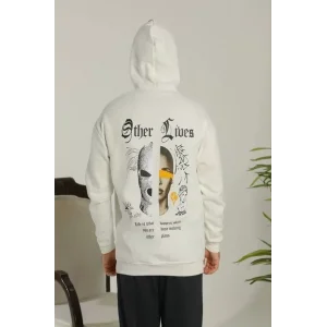 Erkek Sırt Baskılı Oversize Üç İplik Kapüşonlu Sweatshirt - Beyaz