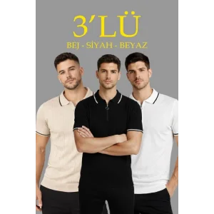 Erkek Triko Tişört Fermuar Yakalı Kısa Kol T-Shirt 3’lü Set Bej-Beyaz-Siyah