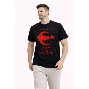 Erkek TÜRKİYE Ay Yıldız Baskılı Taraftar Forma T-Shirt - Siyah