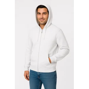 Erkek Üç İplik Kapüşonlu Tam Fermuarlı Kanguru Çepli SweatShirt Hoodie - Beyaz