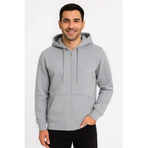 Erkek Üç İplik Kapüşonlu Tam Fermuarlı Kanguru Çepli SweatShirt Hoodie - Gri