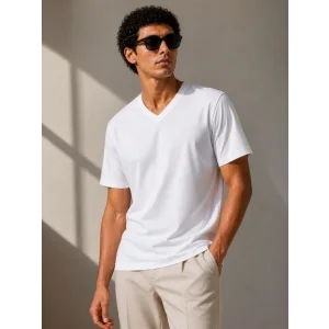 Erkek V Yaka Basic Tişört Kısa Kol Yazlık Regular Fit T-Shirt - Beyaz