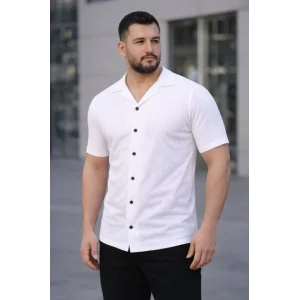 Erkek Waffle Kumaş Kısa Kollu Düğmeli Açık Yaka Regular Fit Gömlek - Beyaz