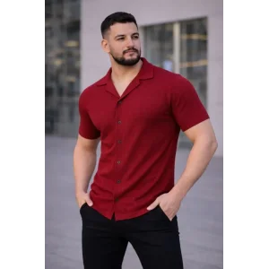 Erkek Waffle Kumaş Kısa Kollu Düğmeli Açık Yaka Regular Fit Gömlek - Kırmızı