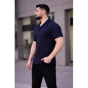 Erkek Waffle Kumaş Kısa Kollu Düğmeli Açık Yaka Regular Fit Gömlek - Lacivert
