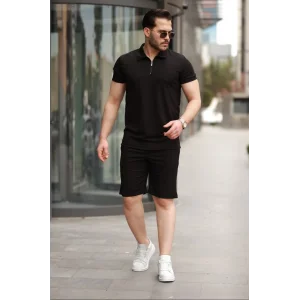 Erkek Yakalı Fermuarlı T-shirt şort Ikili Takım