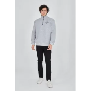 Erkek Yarım Fermuarlı Baskılı Sweat - Gri