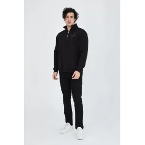 Erkek Yarım Fermuarlı Baskılı Sweat - Siyah