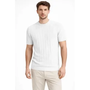 Erkek Yazlık Fitilli Triko Tişört Kısa Kol Bisiklet Yaka T-Shirt - Beyaz