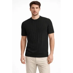Erkek Yazlık Fitilli Triko Tişört Kısa Kol Bisiklet Yaka T-Shirt - Siyah