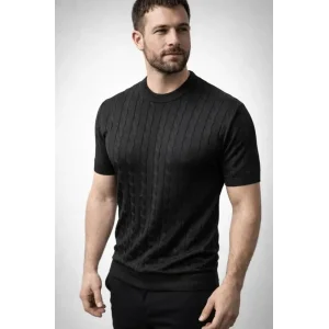 Erkek Yazlık Triko Dokuma Tişört Kısa Kol Bisiklet Yaka Örgü Desenli T-Shirt - Siyah
