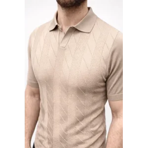 Erkek Yazlık Triko Dokuma Tişört Kısa Kol Polo Yaka T-Shirt - Bej