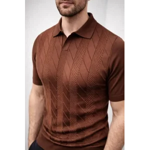 Erkek Yazlık Triko Dokuma Tişört Kısa Kol Polo Yaka T-Shirt - Kahverengi