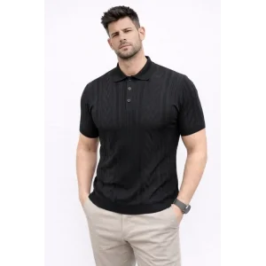 Erkek Yazlık Triko Tişört Kısa Kol Polo Yaka Düğmeli T-Shirt - Siyah