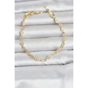 Gold Renk Zirkon Taşlı Ataç Zincir Model Kadın Bileklik TJ-BB8499