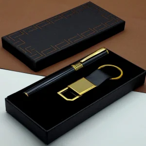 Hediyelik Siyah Kalem Ve Gold Deri Anahtarlık Kutulu Set
