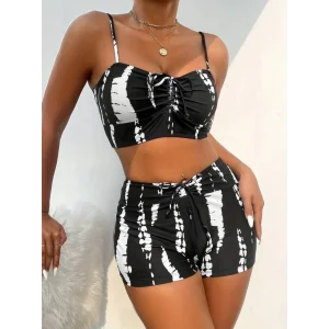Kadın Büzgü Detay Askılı Cupsuz Crop Mini Tayt Ikili Takım
