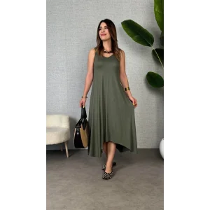 Kadın çan Dokuma Kumaş V Yaka Asimetrik Kesim Elbise