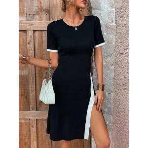 Kadın Kısa Kollu Bisiklet Yaka Yandan Yırtmaçlı Renkli şerit Detay Janjan Krep Elbise