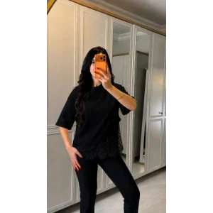 Kadın Kısa Kollu Bisiklet Yakalı Dantel Detaylı Viskon Iki Iplik Bluz