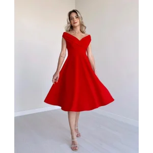 Kadın Kısa Kollu Kruvaze Yaka Eteği Volanlı Krep Elbise