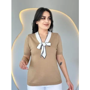 Kadın Kısa Kollu V Yaka Fular Detay Merserize Triko Bbluz