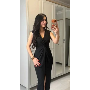 Kadın Kısa Kollu V Yakalı önü Sarmal Detaylı Yırtmaçlı Sandy Midi Elbise
