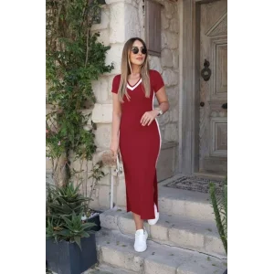 Kadın Kısa Kollu V Yakalı Yandan şerit Ve Yırtmaçlı Viskon Uzun Elbise