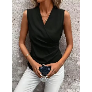 Kadın Kolsuz Kruvaze Yakalı Ithal Krep Bluz