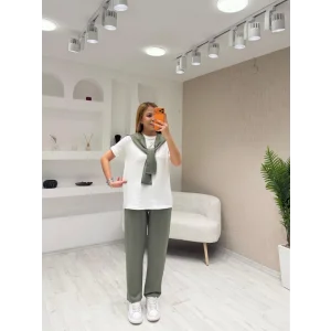 Kadın şal Dahil Bisiklet Yaka Bluz Ve Pantolon üçlü Takım
