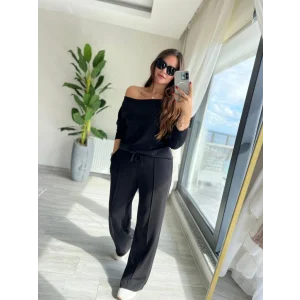 Kadın Uzun Kollu Tek Omuzdan Açık Modal Bluz Ve Pantolon Ikili Takım
