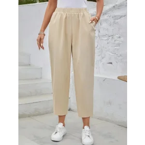 Kadın Yüksek Bel Yandan Cepli Düğme Detaylı Geniş Kesim Ithal Krep Pantolon